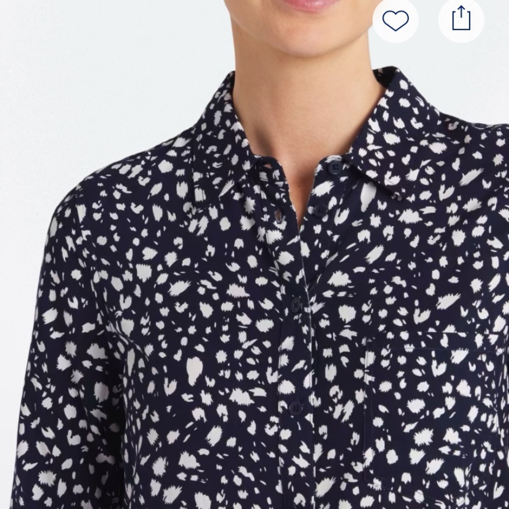 Navy and White Printed Button-Front Blouse